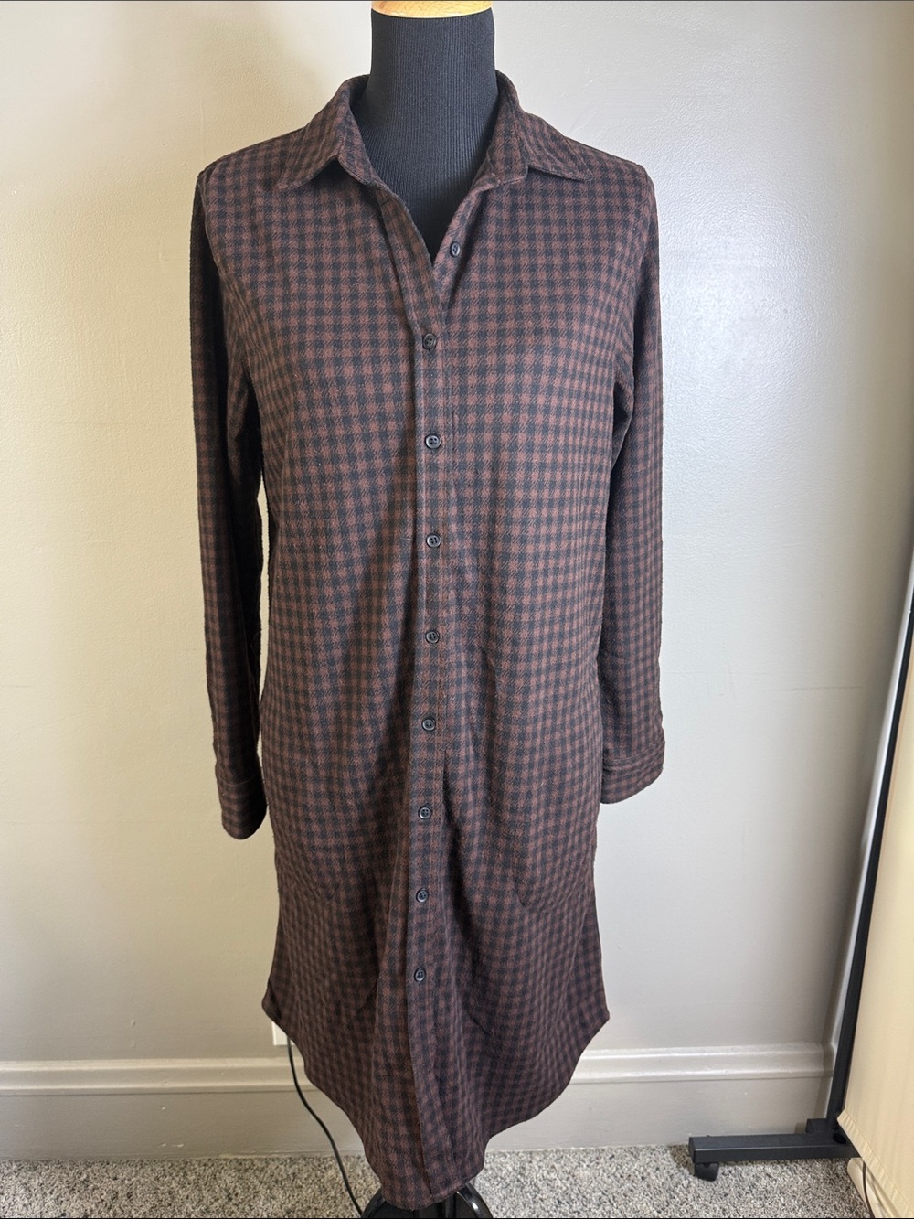 Casa Cabana Check Flannel Midi Shirt Dress Brown & Black Sz M